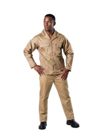 Vulcan 65/35 premium jacket and trousers in khaki worn by model