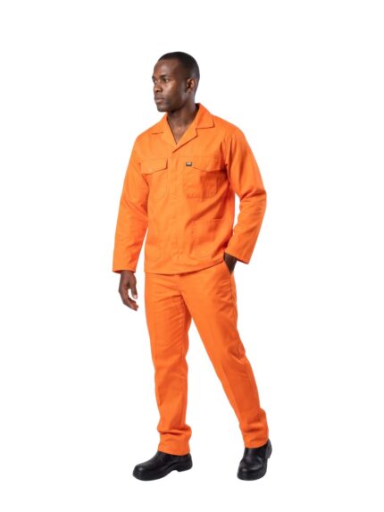 Vulcan 65/35 premium jacket and trousers in orange worn by model