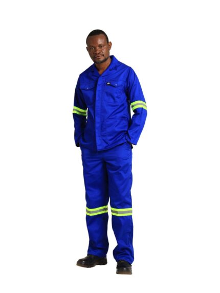 Vulcan 65/35 premium jacket and trousers with reflective tape in royal blue worn by model