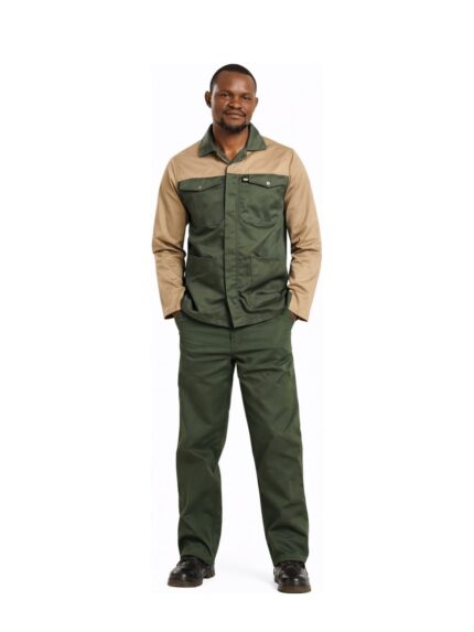 Vulcan 65/35 premium two-tone jacket and trousers in olive and khaki worn by model