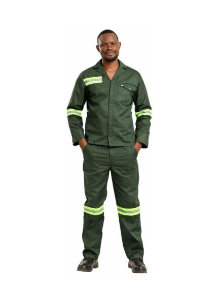 Vulcan 80/20 acid resistant suit in bottle green with tape worn by model