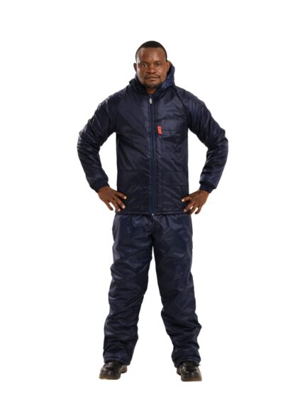 Vulcan Below Zero double lined hooded freezer jacket and trousers in navy worn by model