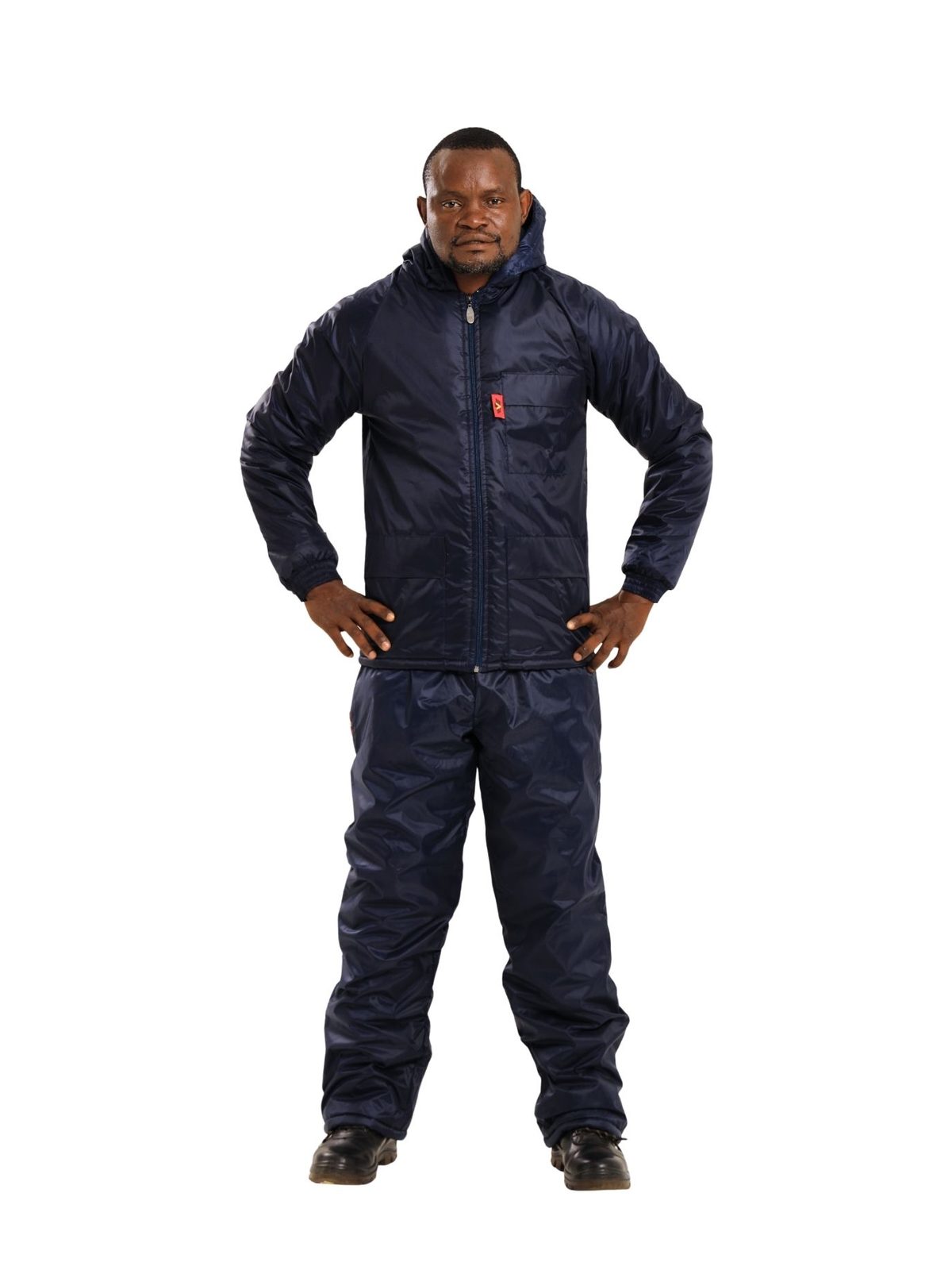 vulcan-below-zero-double-lined-navy Vulcan Below Zero double lined hooded freezer jacket and trousers in navy worn by model