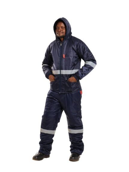 Vulcan Below Zero single lined hooded freezer jacket and trousers in navy worn by model