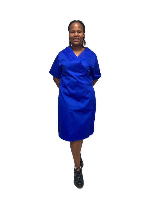 Vulcan royal blue canteen dress worn by model