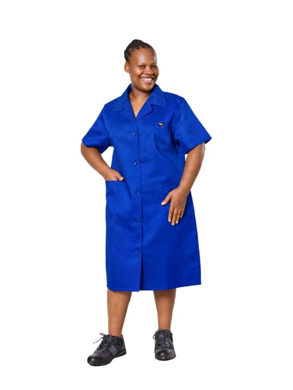 Vulcan royal blue canteen dress front view worn by model