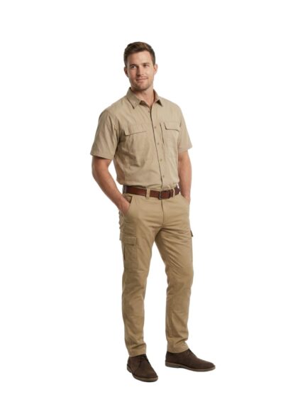Vulcan cargo trousers in khaki with tan shirt worn by model