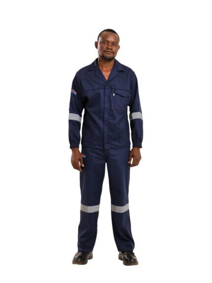 Vulcan D59 Blaze flame and acid jacket and trousers in navy with silver reflective tape worn by model