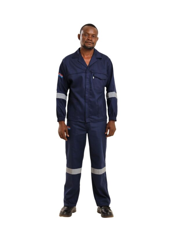 Vulcan D59 Blaze flame and acid jacket and trousers in navy with silver reflective tape worn by model