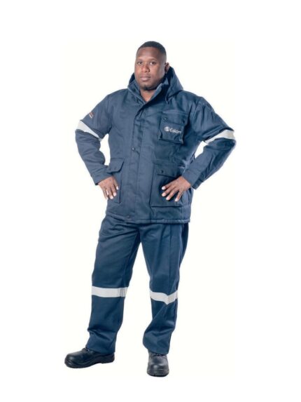 Vulcan D59 flame boilersuit in navy with bush hat worn by model
