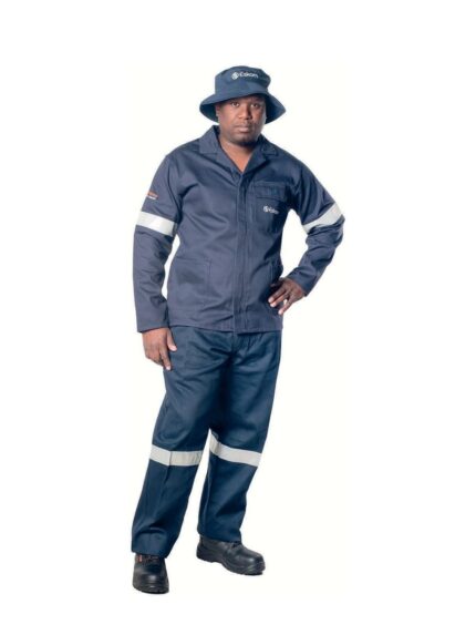 Vulcan D59 flame operating jacket and trousers in navy with bush hat worn by model