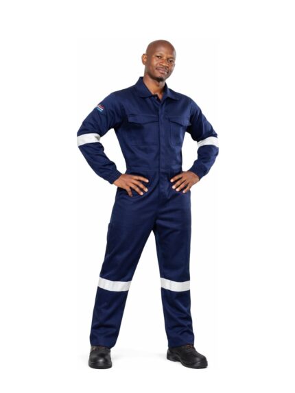 Vulcan D59 flame and acid boilersuit in navy with reflective tape worn by model