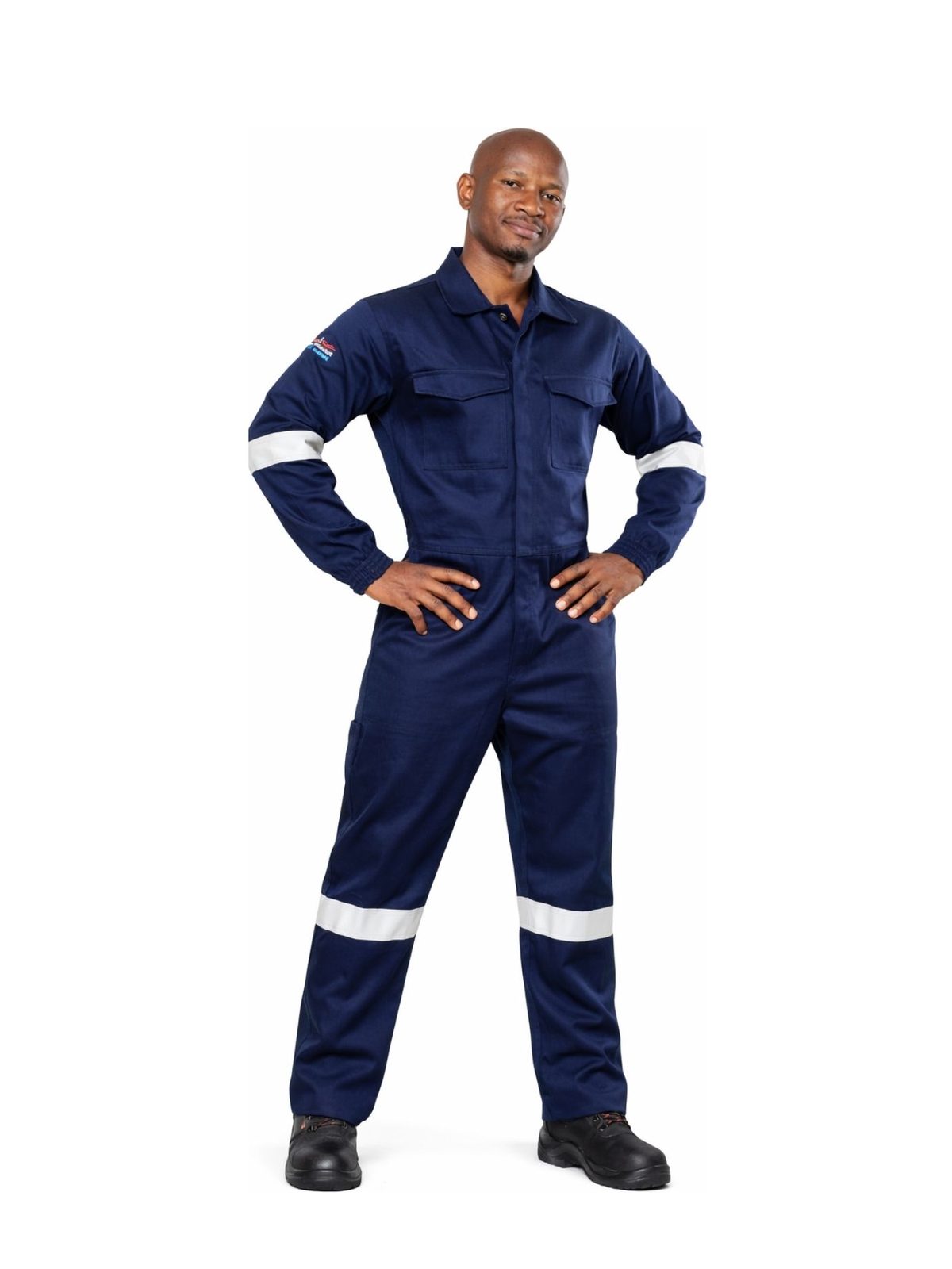 vulcan-d59-sabs-flame-acid-suit-navy Vulcan D59 flame and acid boilersuit in navy with reflective tape worn by model