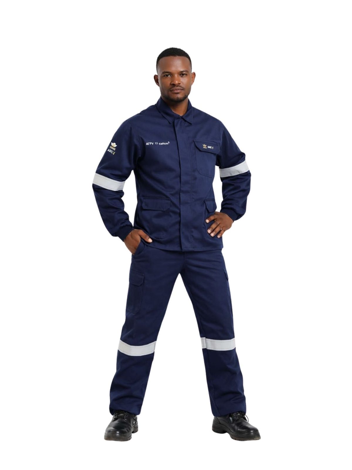 vulcan-d59-sabs-flame-acid-suit-navy-2 Vulcan 15 cal arc suit in navy front view worn by model
