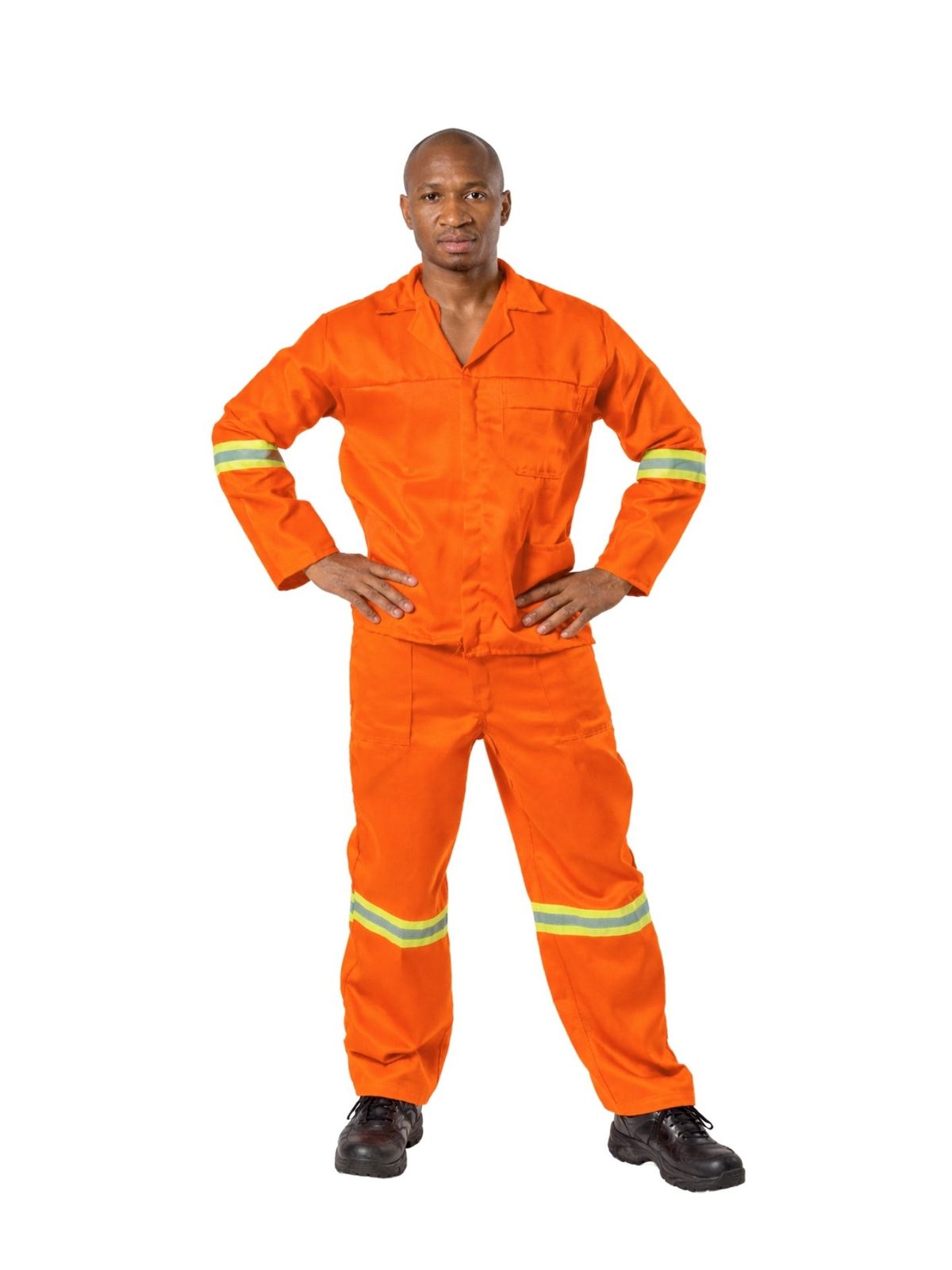 vulcan-econo-worksuit-orange-reflective Vulcan econo worksuit in orange with reflective tape worn by model