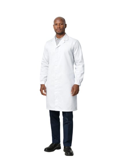 Vulcan white food safety press stud dust coat worn by model