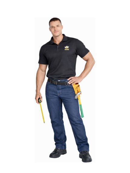 Vulcan Grafter jeans in indigo denim worn by model with tool belt