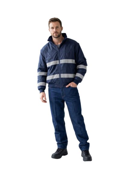 Vulcan hi-viz bunny jacket in navy with reflective tape worn by model