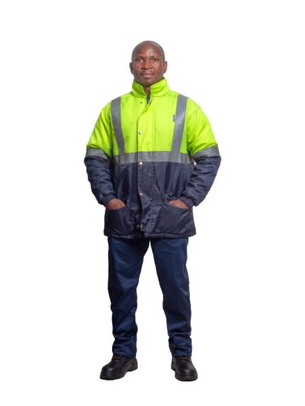 Vulcan hi-viz two tone freezer jacket in lime and navy worn by model