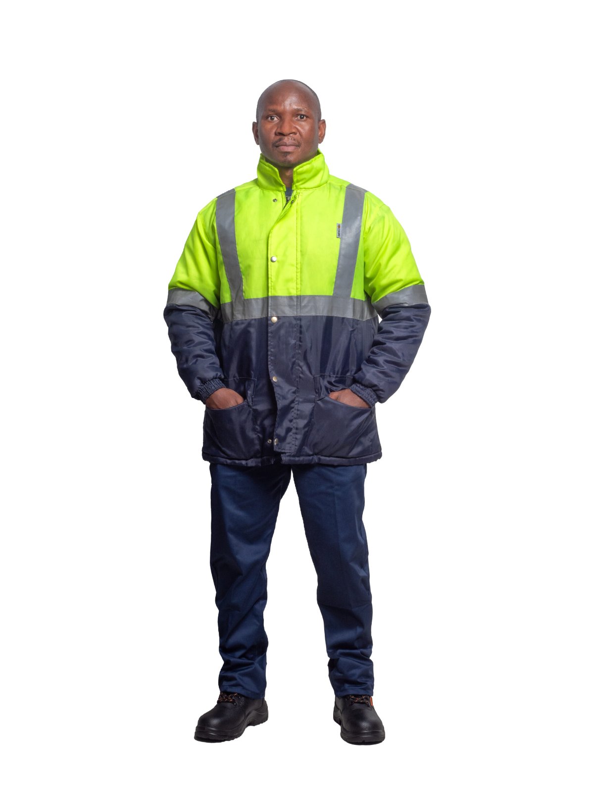 vulcan-hi-viz-two-tone-freezer-jacket-lime-navy Vulcan hi-viz two tone freezer jacket in lime and navy worn by model
