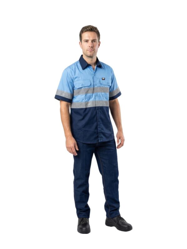 Vulcan hi-viz vented long sleeve workshirt in cobalt and navy worn by model