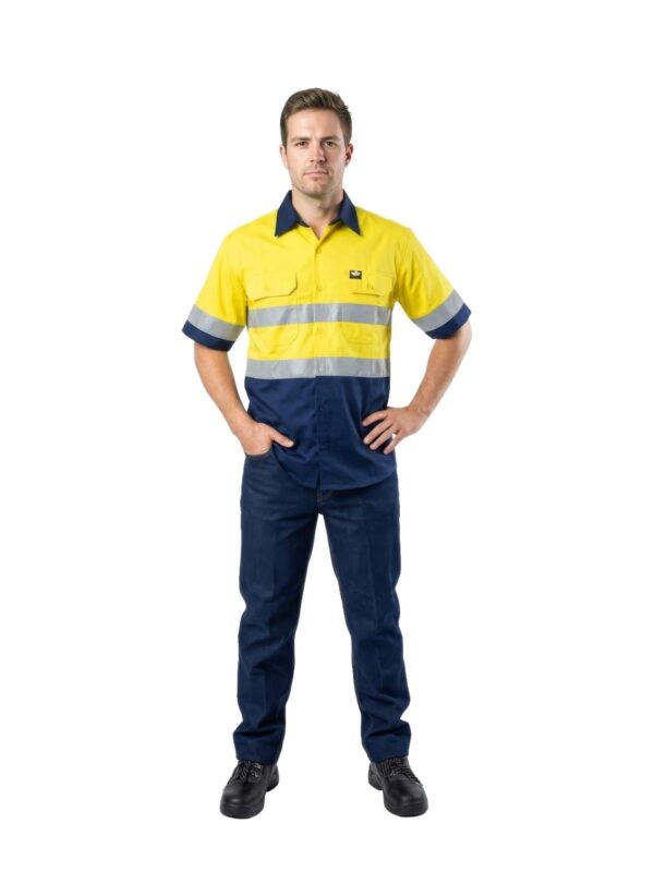 Vulcan hi-viz two-tone vented workshirt in yellow and navy worn by model