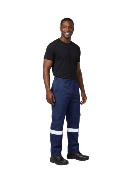 Vulcan J54 cargo pants with reflective tape in navy worn by model