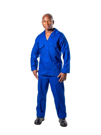 Vulcan J54 SABS 100% cotton jacket and trousers in royal blue worn by model