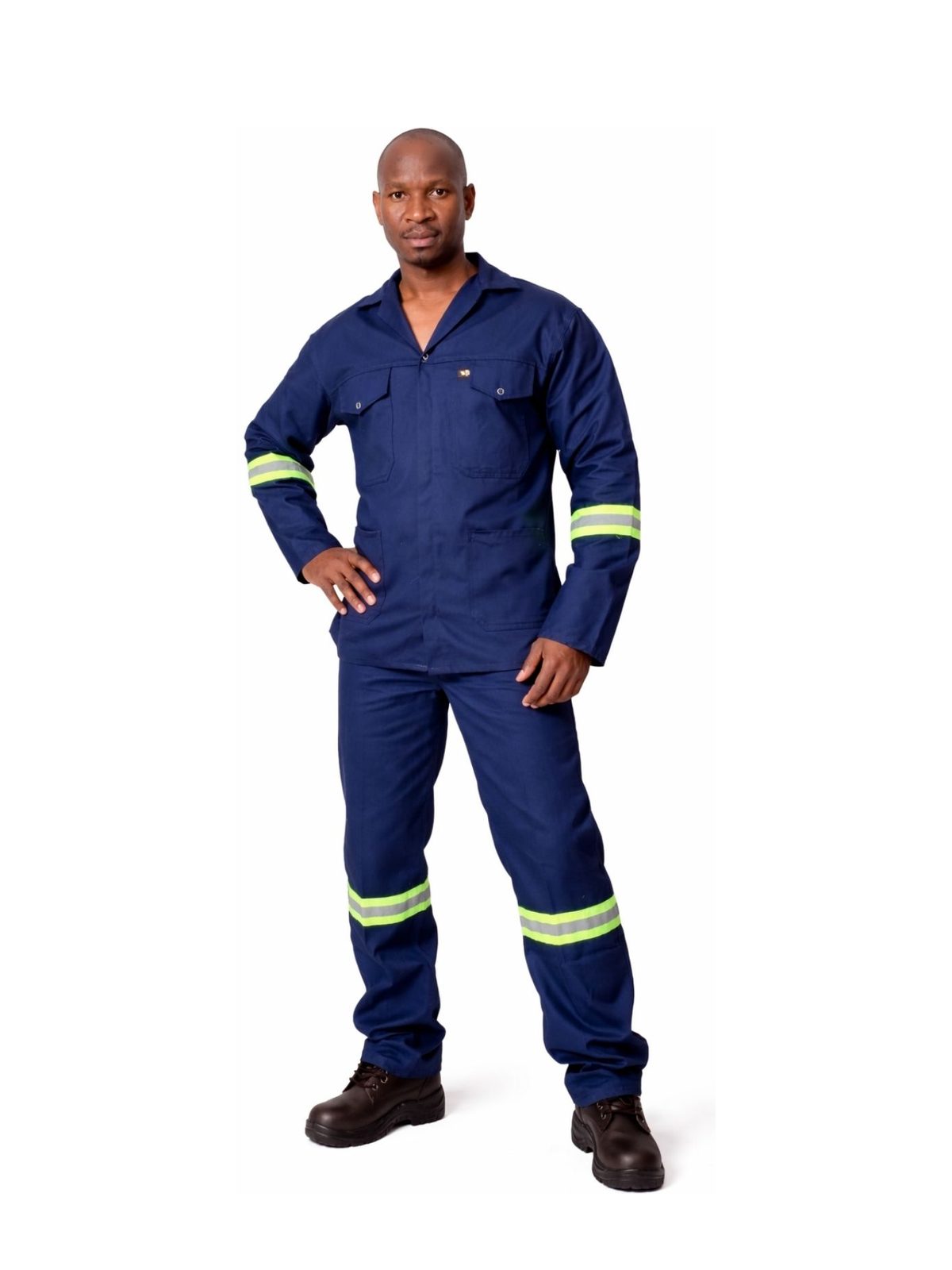 vulcan-j54-suit-tape-navy Vulcan J54 SABS jacket and trousers with reflective tape in navy worn by model