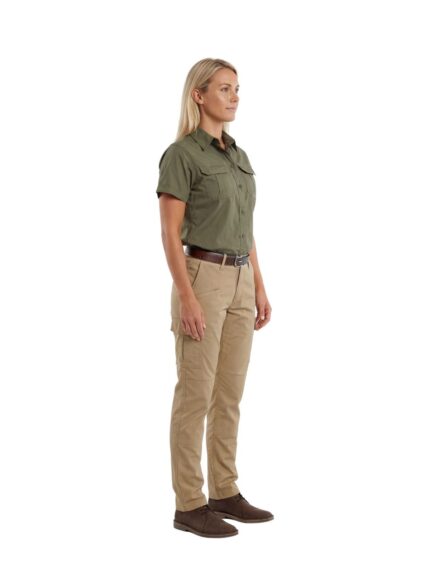 Vulcan ladies bush short sleeve shirt in olive worn by model