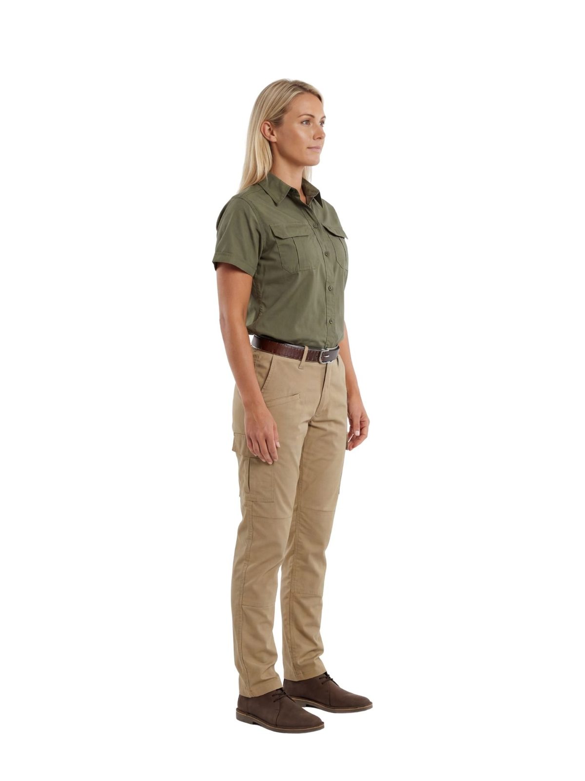 vulcan-ladies-bush-shirt-ss-olive Vulcan ladies bush short sleeve shirt in olive worn by model