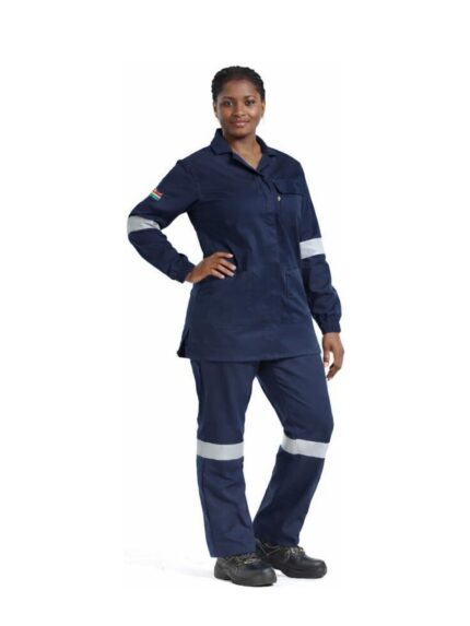 Vulcan ladies flame acid jacket and trousers in navy worn by model