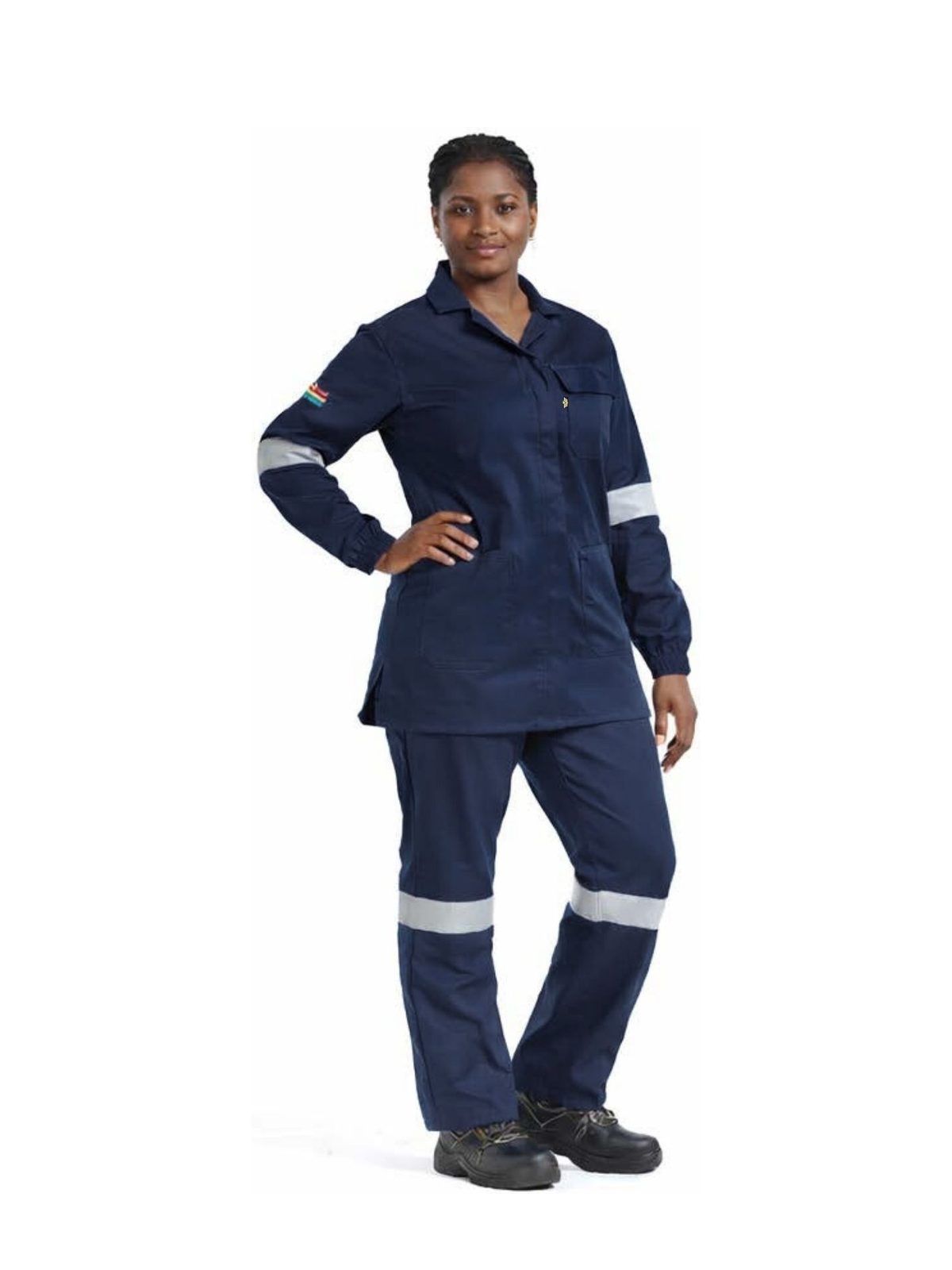 vulcan-ladies-flame-acid-suit-navy Vulcan ladies flame acid jacket and trousers in navy worn by model