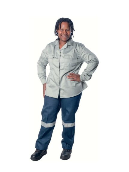 Vulcan ladies long sleeve Eskom flame shirt in grey with navy trousers worn by model