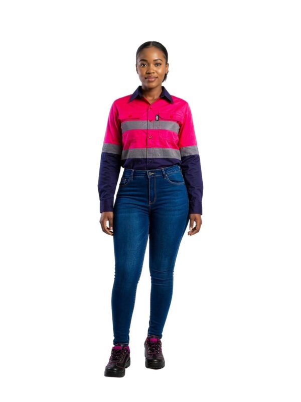 Vulcan ladies hi-viz vented workshirt in pink and navy worn by model