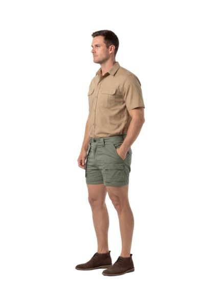 Vulcan mens bush short sleeve shirt in khaki with olive shorts worn by model