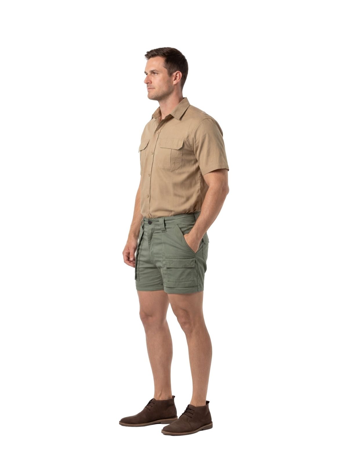 vulcan-mens-bush-shirt-ss-khaki Vulcan mens bush short sleeve shirt in khaki with olive shorts worn by model
