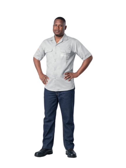 Vulcan mens Eskom flame long sleeve shirt in grey with denim jeans worn by model