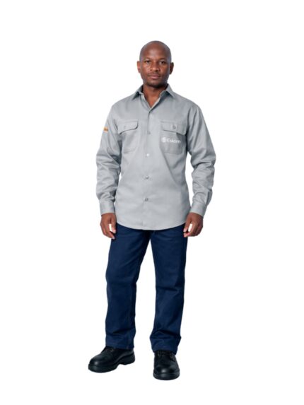 Vulcan mens Eskom flame short sleeve shirt in grey with denim jeans worn by model