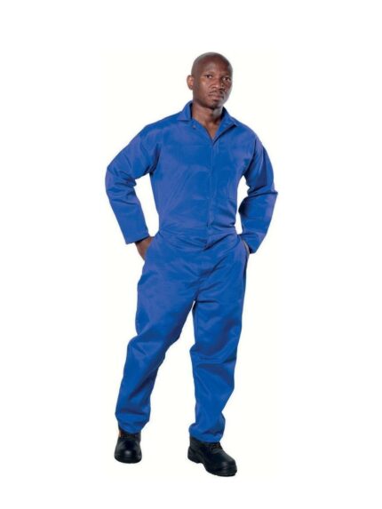 Vulcan polycotton boilersuit in royal blue worn by model