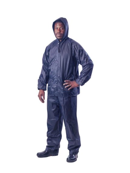 Vulcan navy rain suit with hood worn by model