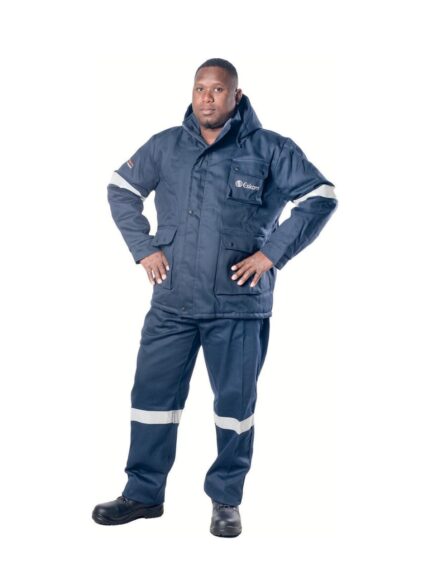 Vulcan navy rain suit with reflective tape worn by model
