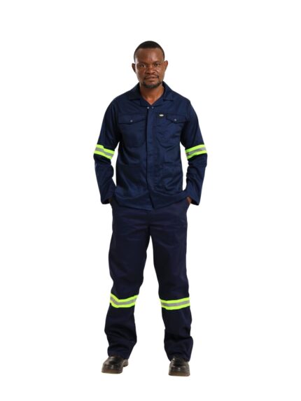 Vulcan 80/20 standard worksuit with reflective tape in navy worn by model
