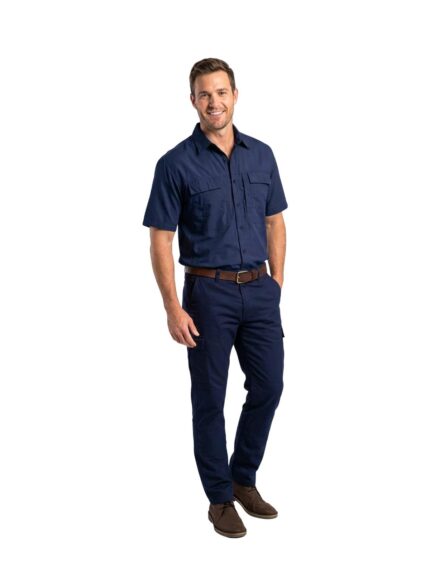 Vulcan Tactic 14 cargo shorts in stone with navy shirt worn by model